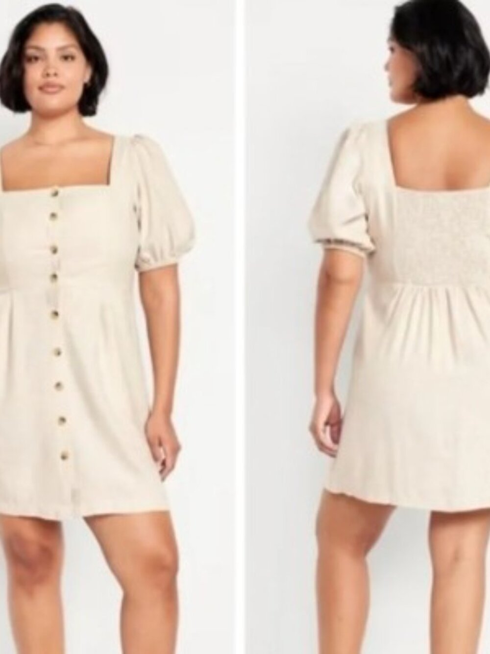 Old Navy Linen Blend Button Front Puff Sleeve Mini Dress Cream XL Tall Pockets